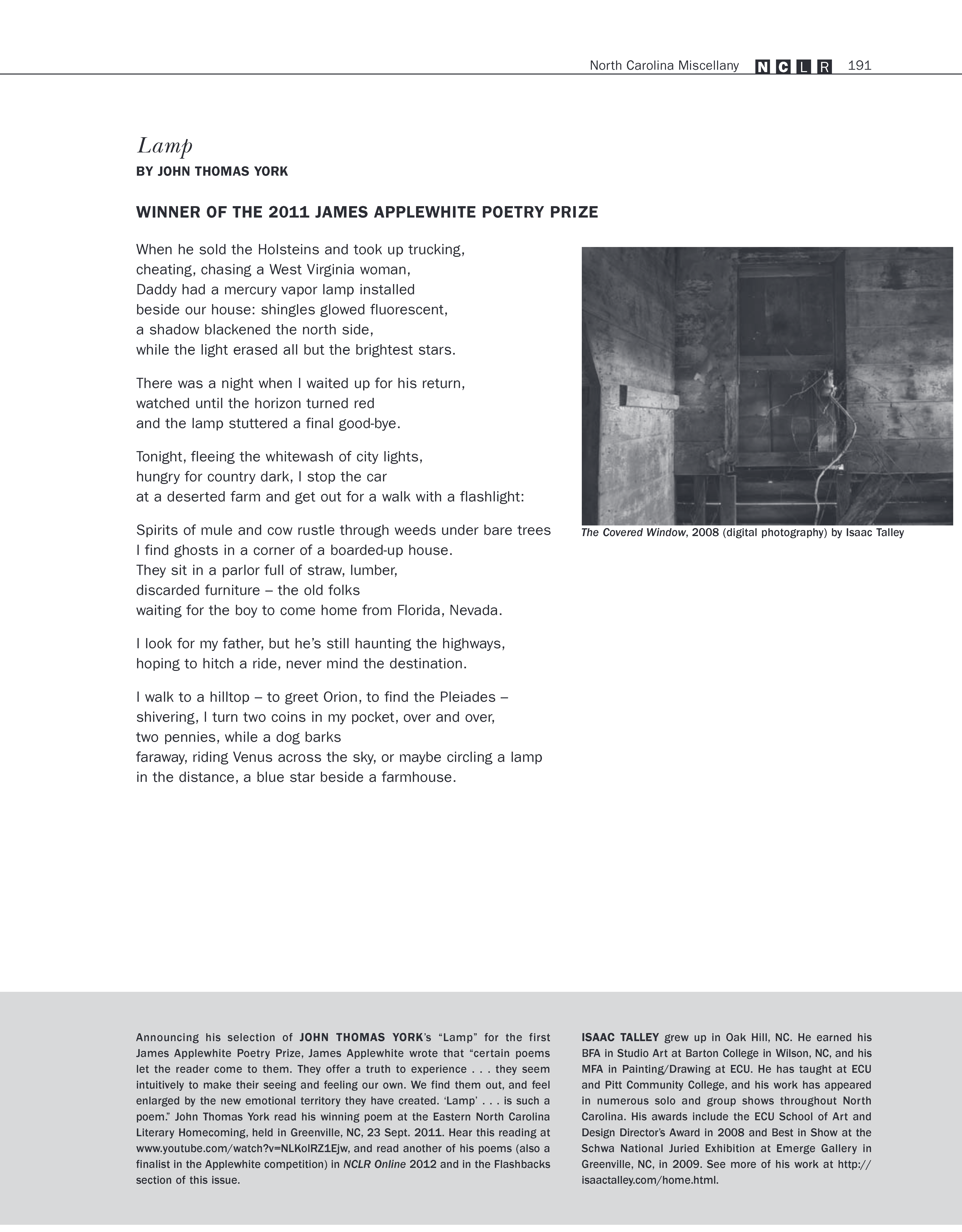 The First Applewhite Prize Poem: John Thomas York